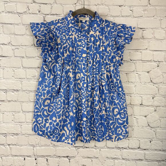 Avara Tops - Avara Flutter Sleeve Pleated Blouse Women Size XS Blue White Cotton Button Front